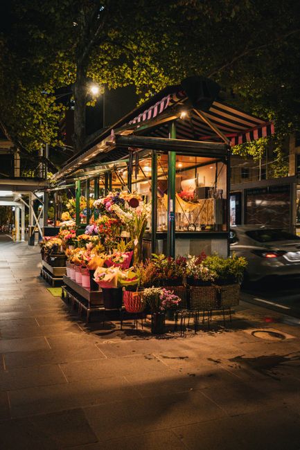 A flower stall on Eltham High Street illuminated at night, showcasing an array of fresh floral arrangements in various colours, including pinks, purples, and whites, displayed in baskets and vases. Th