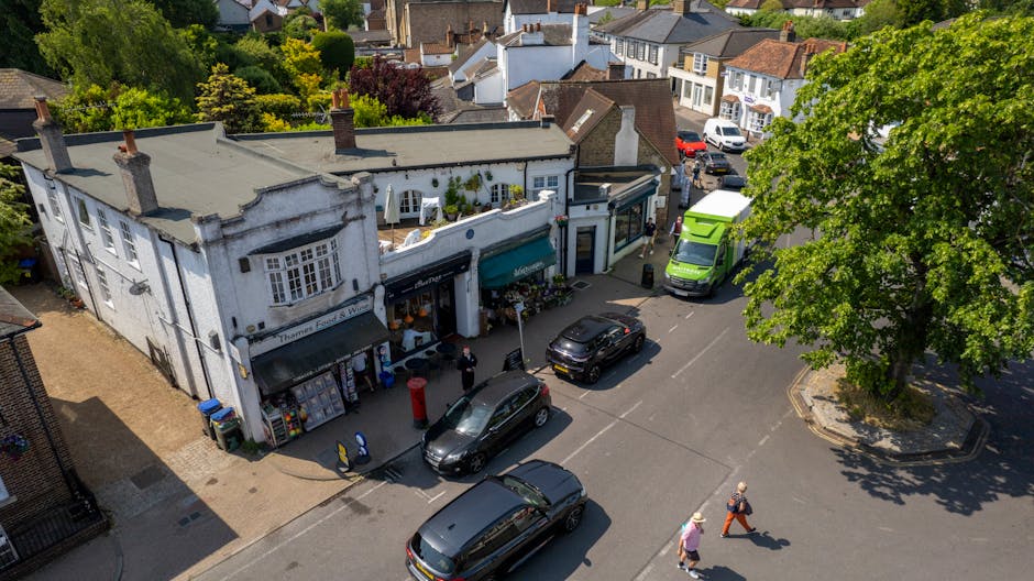 An aerial view of a small business on Eltham High Street, featuring a white, two-story building with a floral shop entrance shaded by a green awning. In front of the shop, there are flower displays ar
